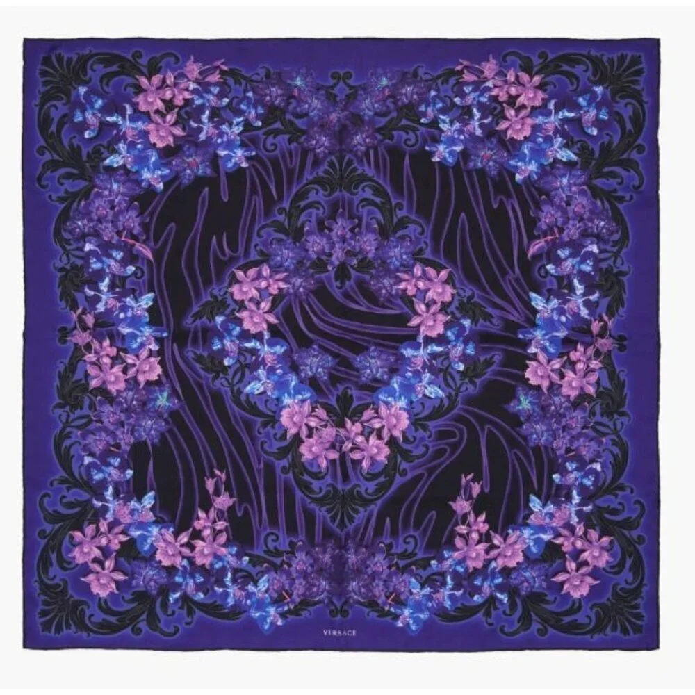 Versace Orchid Print 100% Silk Square Purple Black Scarf Rtl $525 New with Tags